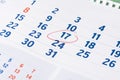 Red circle marked on calendar sheet. Mark on the calendar at 17. Date of calendar with red circle