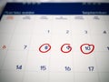 Red circle marked on three days calendar for reminder or remember important appointment Royalty Free Stock Photo