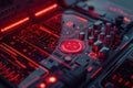 Red circuit board glowing showing microchip technology