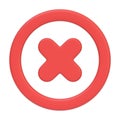 A red circular button with a cross in the center isolated on a white background