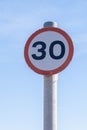 Red circular 30mph speed limit sign New Brighton Wirral May 2021 Royalty Free Stock Photo