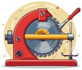 Red Circular Saw Cutting a Yellow Pencil with a Sharpening Tool Royalty Free Stock Photo