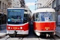 Red City Trams at Traffic Lights Prague Czech Republic.