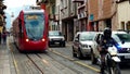 Red city tramway in historical center of city Cuenca, Ecuador