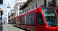 Red city tramway in historical center of city Cuenca, Ecuador