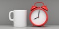 Red classic alarm clock and coffee cup on grey color background. 3d illustration