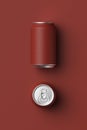 Red classic aluminum can for carbonated drinks on a red background, 3D rendering