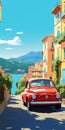 Vibrant Caricatures: Old Red Car On Street With Italian Landscapes And Lively Seascapes