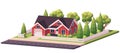 Red Classic Suburban Family House. Low Poly Dimetric Illustration