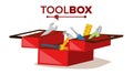 Red Classic Toolbox Vector. Full Of Equipment. Flat Cartoon Illustration