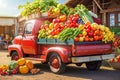 Red classic truck loaded with a harvest of vegetables and fruits