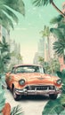 Red classic vintage car on the summer road, green palm leaves around, skyscrapers background. Retro party invitation Royalty Free Stock Photo