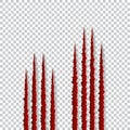 Red claws scratches - vector on transparent background. Talons cuts animal cat, dog, tiger, lion, bear
