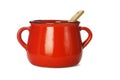 Red clay pot with wooden ladle Royalty Free Stock Photo