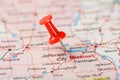 Red clerical needle on a map of USA, Missouri and the capital Jefferson City. Close up map of Missouri with red tack Royalty Free Stock Photo