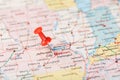 Red clerical needle on a map of USA, Missouri and the capital Jefferson City. Close up map of Missouri with red tack Royalty Free Stock Photo