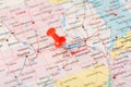 Red clerical needle on a map of USA, Missouri and the capital Jefferson City. Close up map of Missouri with red tack Royalty Free Stock Photo