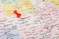 Red clerical needle on a map of USA, Nebraska and the capital Lincoln. Close up map of Nebraska with red tack Royalty Free Stock Photo