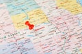 Red clerical needle on a map of USA, Nebraska and the capital Lincoln. Close up map of Nebraska with red tack Royalty Free Stock Photo