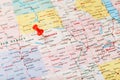 Red clerical needle on a map of USA, Nebraska and the capital Lincoln. Close up map of Nebraska with red tack Royalty Free Stock Photo