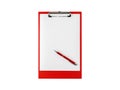 Red clipboard with blank white A4 paper and pen isolated on white Royalty Free Stock Photo
