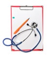 Red clipboard with blue stethoscope and pen. Health diagnostic concept Royalty Free Stock Photo