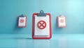 Red clipboard with a red cancel icon on white paper. Simple 3d model. The icon signifies deletion or rejection. Design suitable