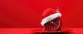 Red clock with Christmas Santa hat. Time for Christmas shopping concept. Blank copy space for text. New Years celebration creative Royalty Free Stock Photo