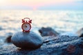 Red clock standing on round shaped stone. Golden hour over ocean. Relaxation time and running of time idea, copy space