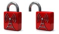 Open and close padlock with wireless icon, 3d