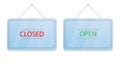 Red Closed and green Open hanging door signs. Blue sign with shadow isolated on a white background. Realistic vector illustration Royalty Free Stock Photo