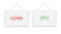 Red Closed and green Open hanging door signs. White sign with shadow isolated on background. Realistic vector illustration Royalty Free Stock Photo