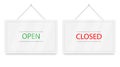 Red Closed and green Open hanging door signs. White sign with shadow isolated on transparent background. Realistic vector Royalty Free Stock Photo