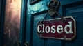 A red Closed sign hangs on a blue door Royalty Free Stock Photo