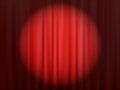 Red closed theater curtain with reflector spotlight circle. Abstract vector background