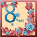 Red cloth, drape8 March. Happy Women`s Day card with flowers, and frame. Vector greeting ry, silk, background, vector illustration Royalty Free Stock Photo