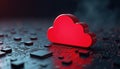 Red cloud icon rests on circuit board. Digital data storage, AI tech, cyber security, network computing, data protection, online Royalty Free Stock Photo