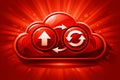 Red cloud icon with upload and sync symbols and radial background Royalty Free Stock Photo