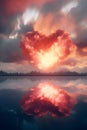 A red cloud in the shape of a heart is reflected on the surface of the water, Valentine\'s Day