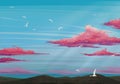 Red clouds sky with flying birds landscape mountain digital illustration Royalty Free Stock Photo