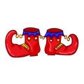 Red clown shoes with bells on white background.