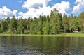 Red cottages by a lake in northern Sweden