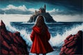 Red-coated girl standing on rocks by the ocean waves, gazing at an enchanting castle