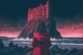 Red-coated girl standing on rocks by the ocean waves, gazing at an enchanting castle