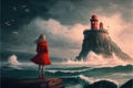 Red-coated girl standing on rocks by the ocean waves, gazing at an enchanting castle