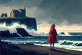 Red-coated girl standing on rocks by the ocean waves, gazing at an enchanting castle