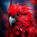 Intense Gaze: Photorealistic Surrealism Of A Red Parrot With Flaming Feathers