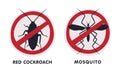 Red Cockroach and Mosquito Warning or Prohibition Sign with Cross Line Vector Set