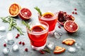 Red cocktail with blood orange and pomegranate. Refreshing summer drink. Holiday aperitif for Christmas party.