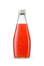 Red cocktail bottle with basil seeds isolated on white. Strawberry drink with chia seeds